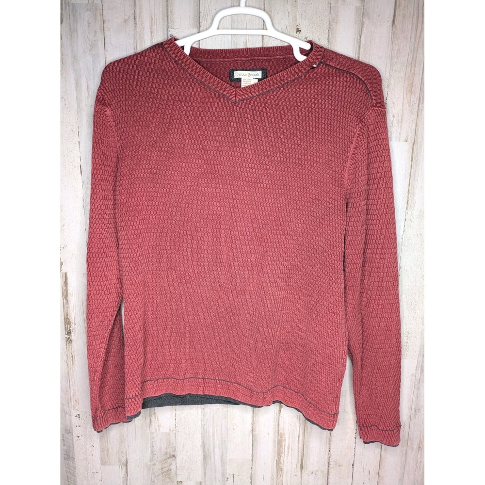 Carbon 2 Cobalt Men's Sweater Sz Large Red Textured Vneck Pullover Cotton Casual